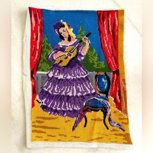 Vintage Needlepoint Completed Lady W/Guitar Hat Not Framed Clean Colorful Craft